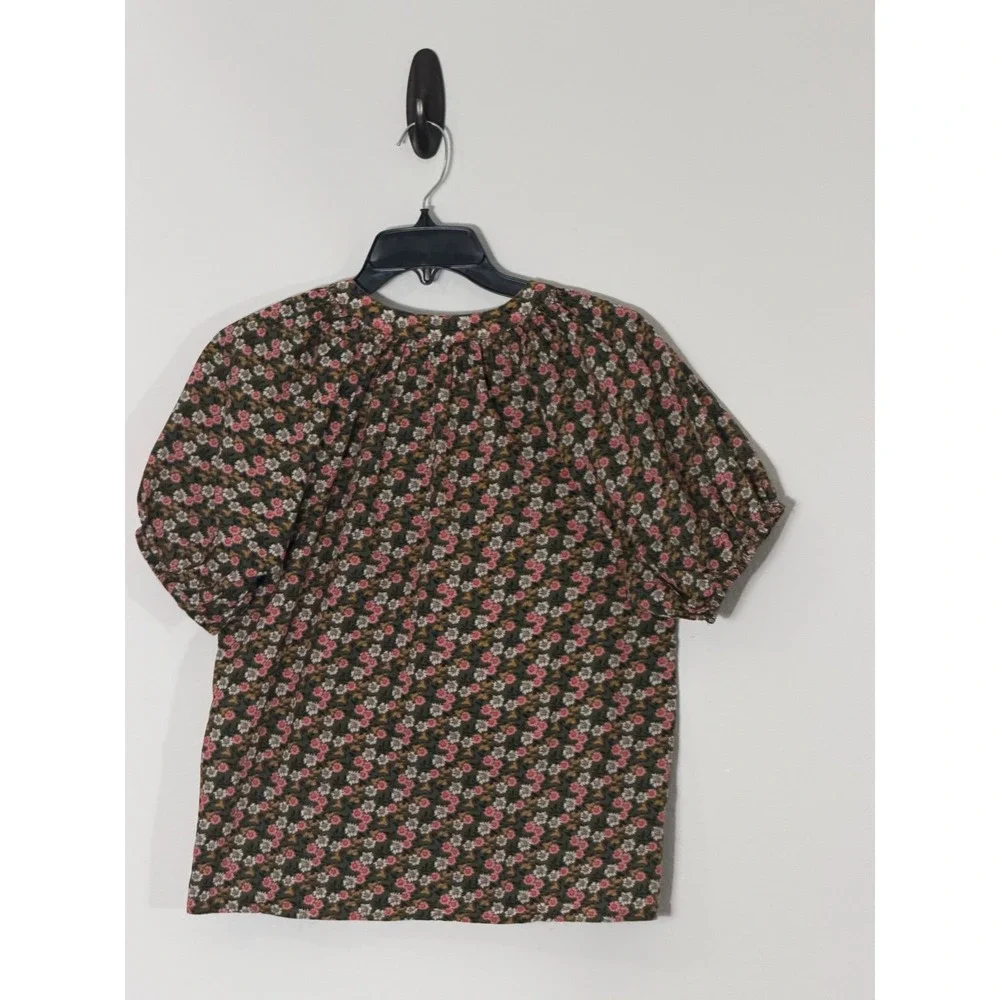 LOFT Womens Floral Tie Neck Puff Sleeve Blouse Olive Green Pink Small